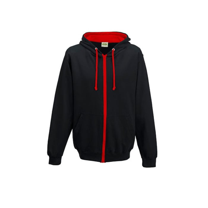 Bluzy - Bluza dwukolorowa Varsity Zoodie - Just Hoods JH053 - Jet Black/Fire Red - RAVEN - koszulki reklamowe z nadrukiem, odzież reklamowa i gastronomiczna