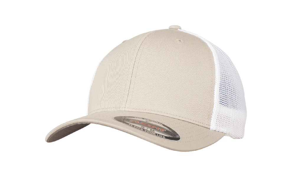 Czapki z daszkiem - Czapka dwukolorowa Trucker Mesh - Flexfit 6511T - Khaki/White - RAVEN - koszulki reklamowe z nadrukiem, odzież reklamowa i gastronomiczna