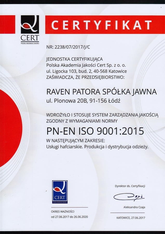 Firma Raven - certyfikat